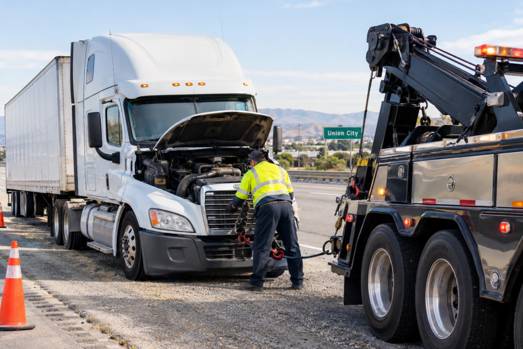 Heavy duty towing service assisting a disabled commercial truck after a breakdown in Union City, California