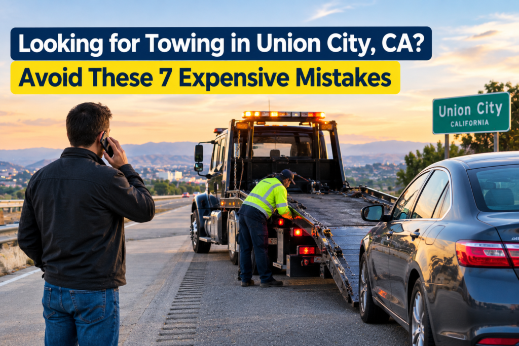 Person calling for towing service while a tow truck loads a disabled car in Union City, California.